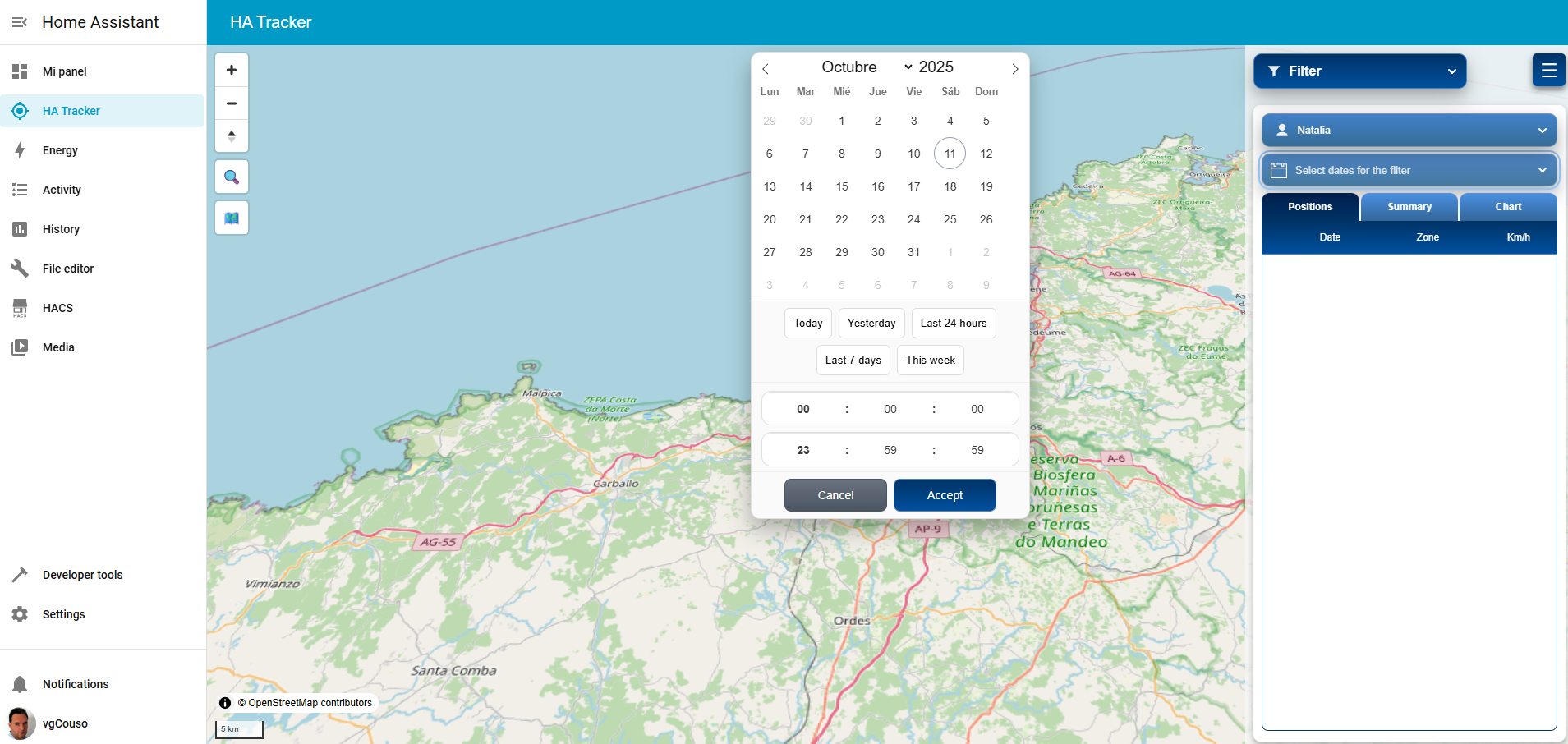 HA Tracker calendar on the filter screen