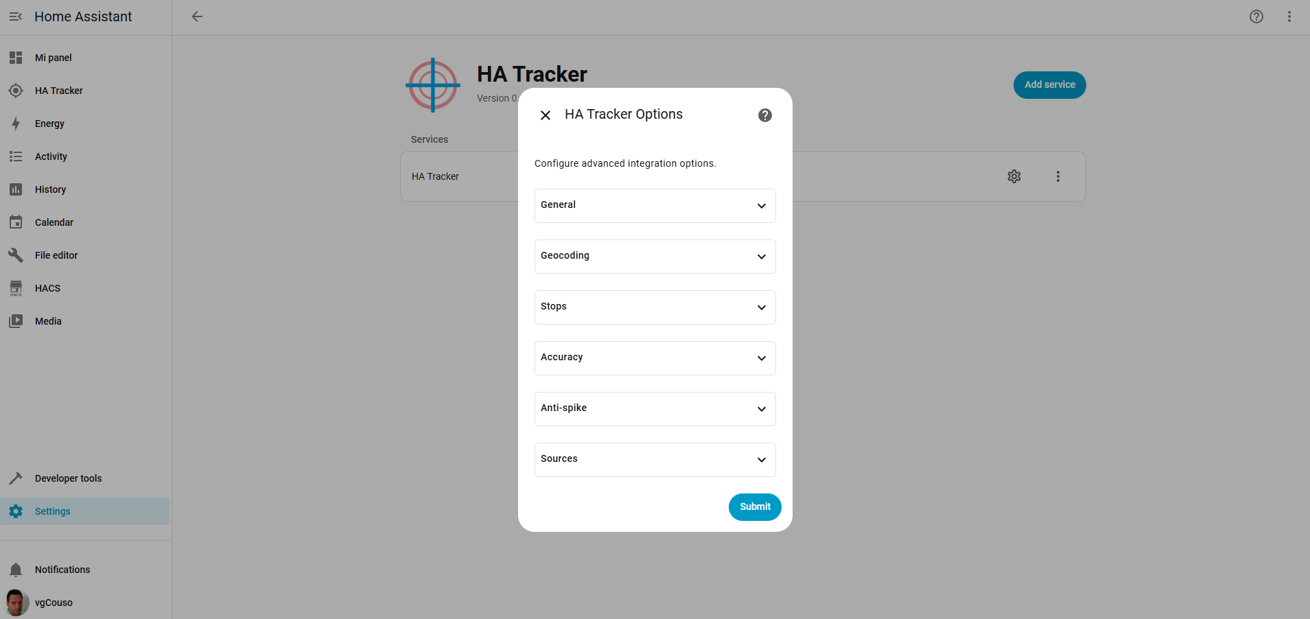 HA Tracker options screen