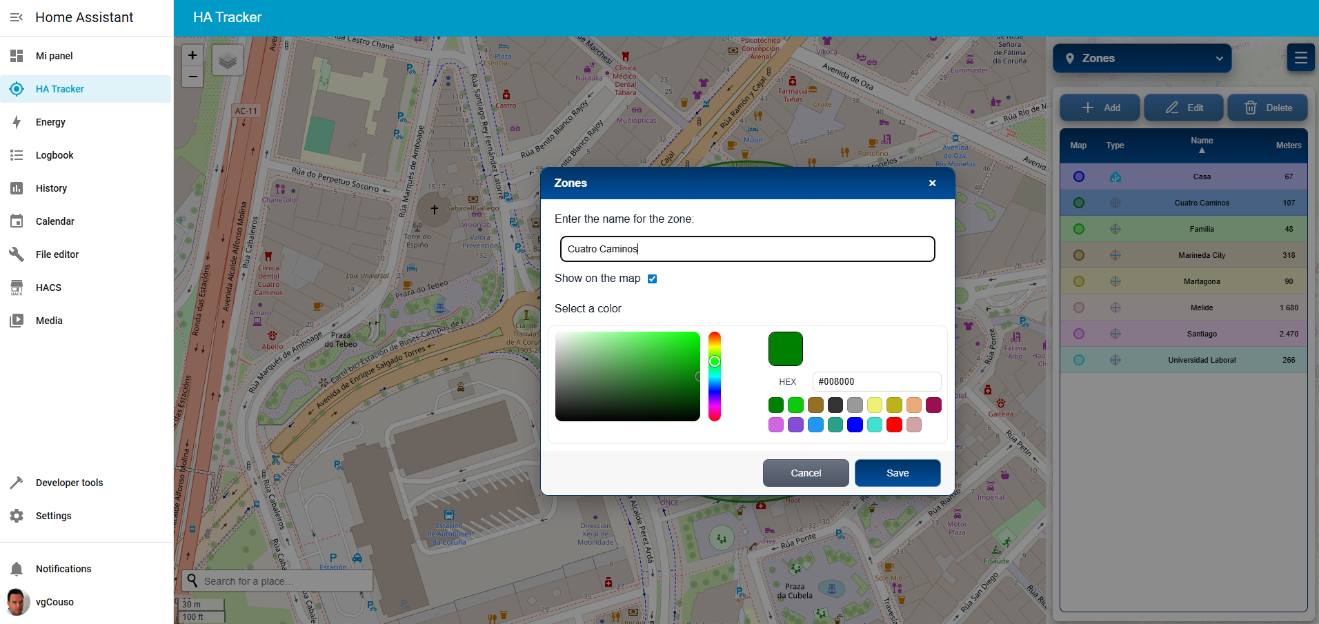 HA Tracker dialog in zones