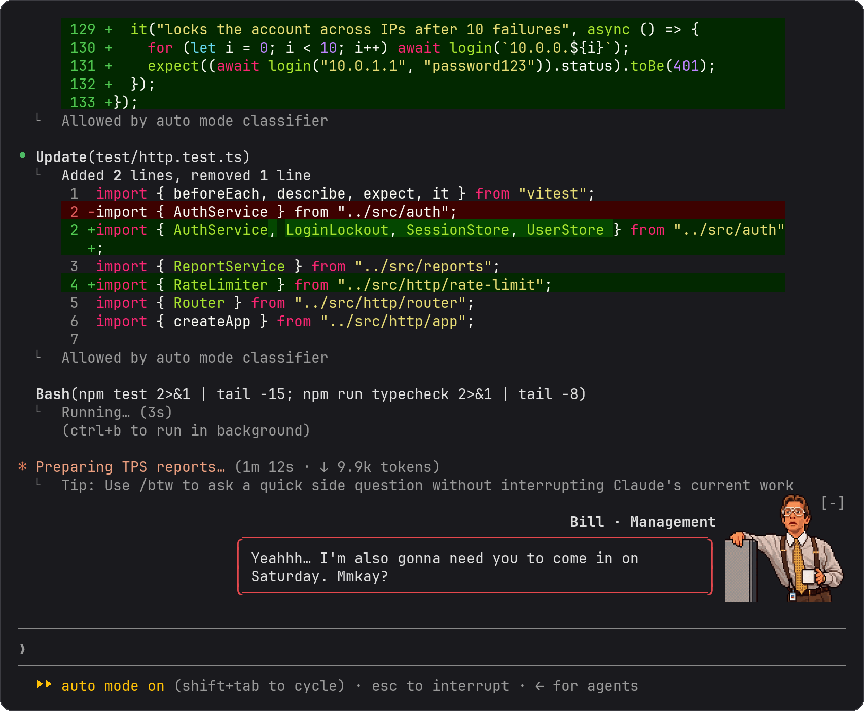 Bill dropping by while Claude Code works on a login rate limiter
