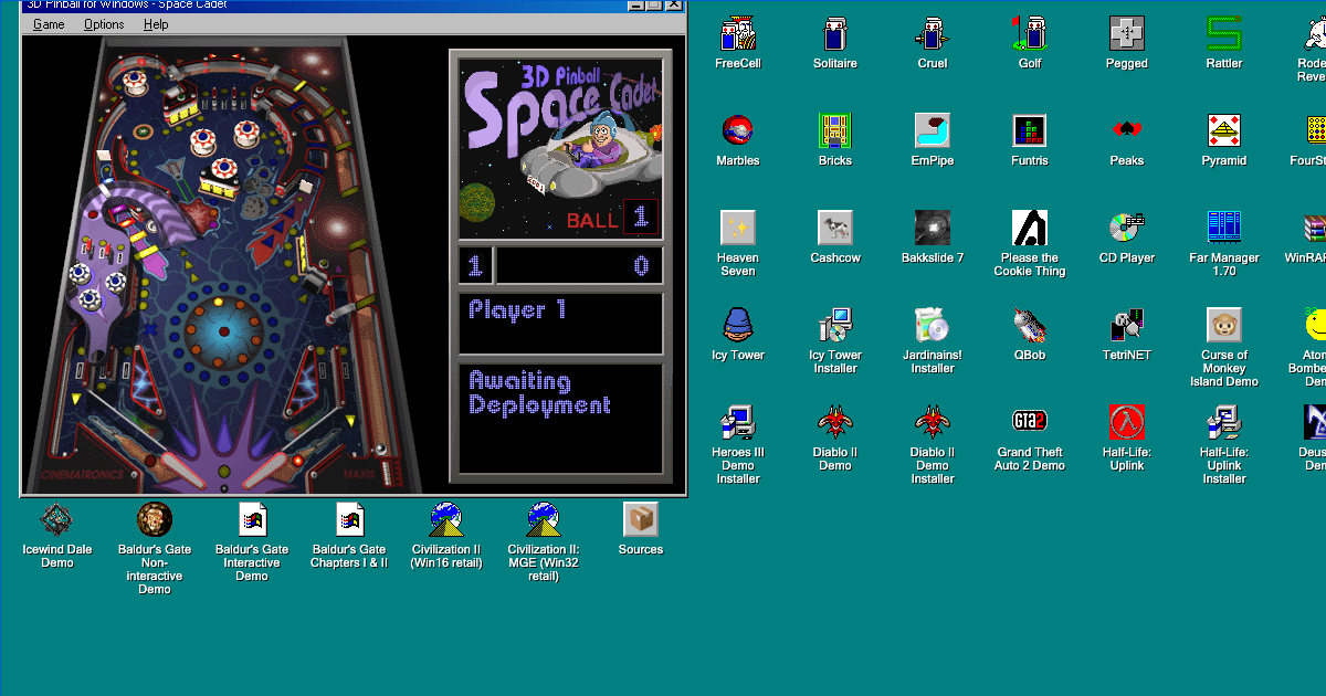 3D Pinball Space Cadet, SkiFree, Solitaire and other Windows 98 programs running in a browser tab
