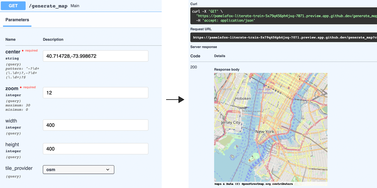 Screenshot of FastAPI documentation on left and image map output on right