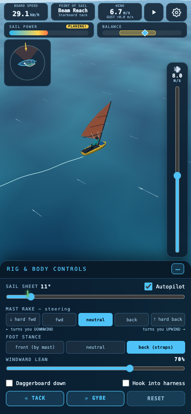 Windsurf Simulator running on a phone — the board planing on a beam reach, with the full instrument HUD