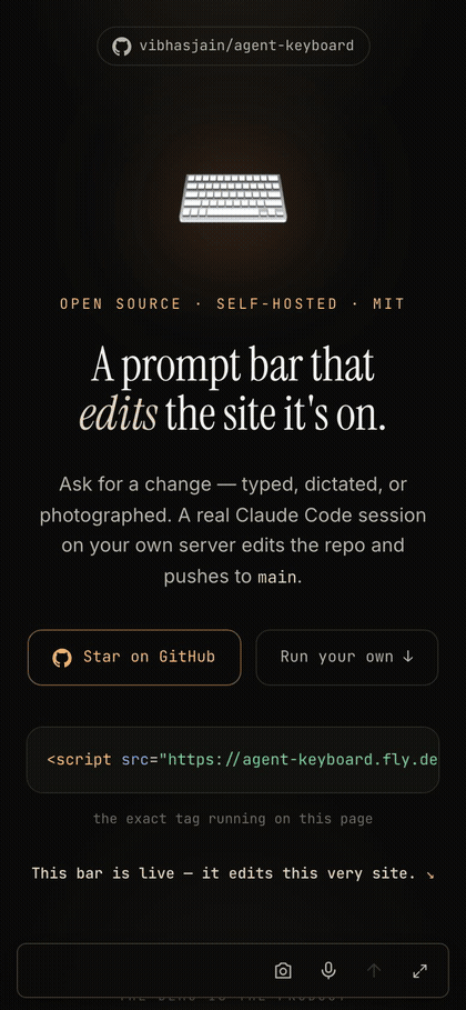 A real session, recorded live: typing a prompt into the bar on agentkeyboard.com, the job streaming, the green pushed state, and the resulting Agent Keyboard commit on GitHub