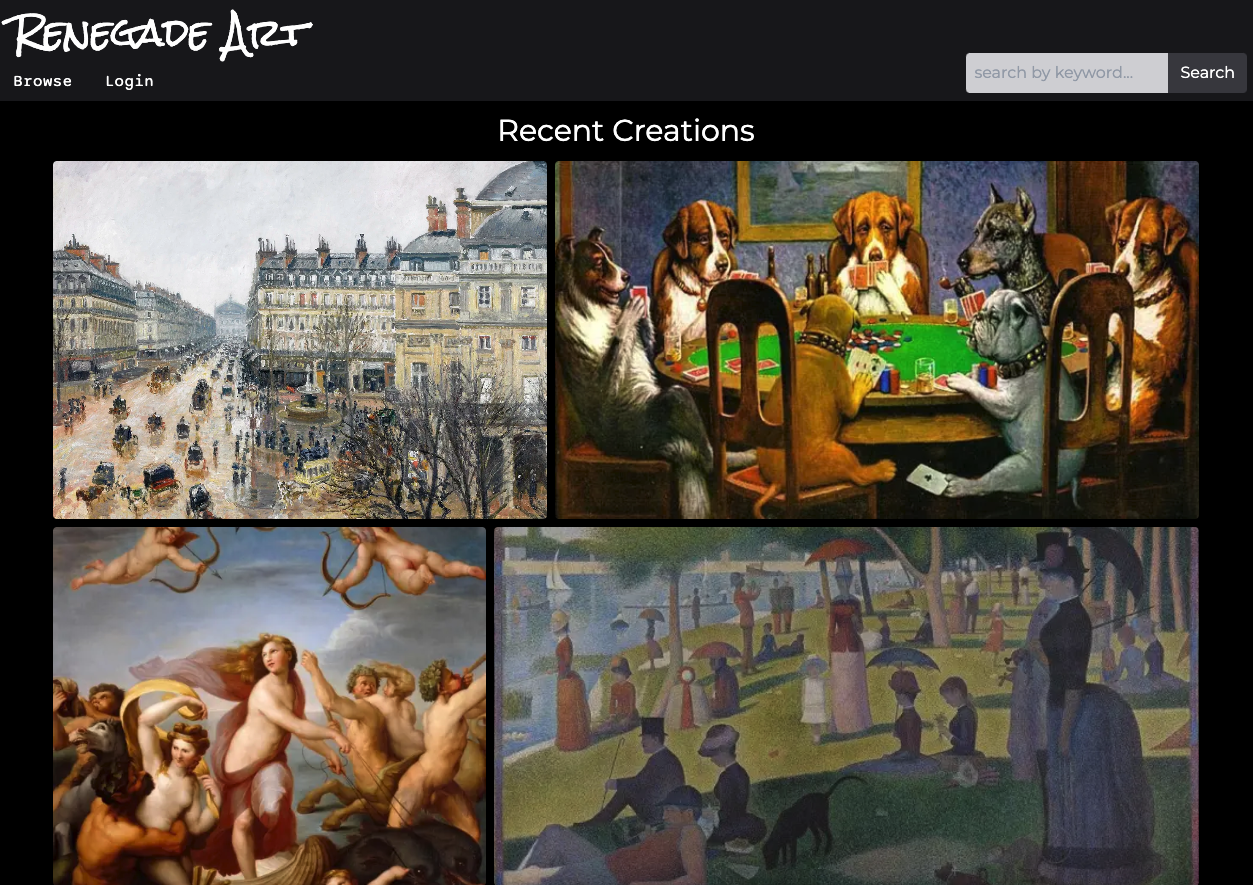 Homepage with different art on display, ability to login.