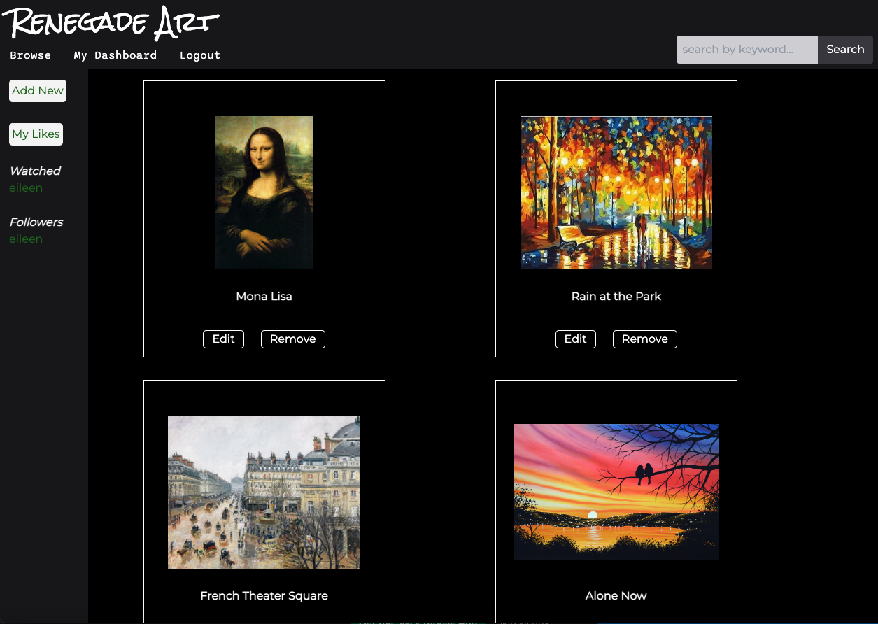 Logged in but viewing the homepage shows art by you, but also has a bar to the left displaying artist you are following and those following you, the login option is now a logout option. Below all of the art by you on display it has options to update or delete pieces.