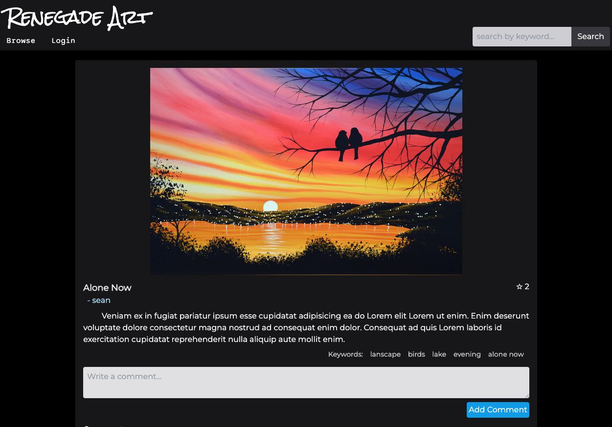 Top half of view of someone else's art with their description, name, title and searchable keywords, and a comment box where the user can leave a comment.