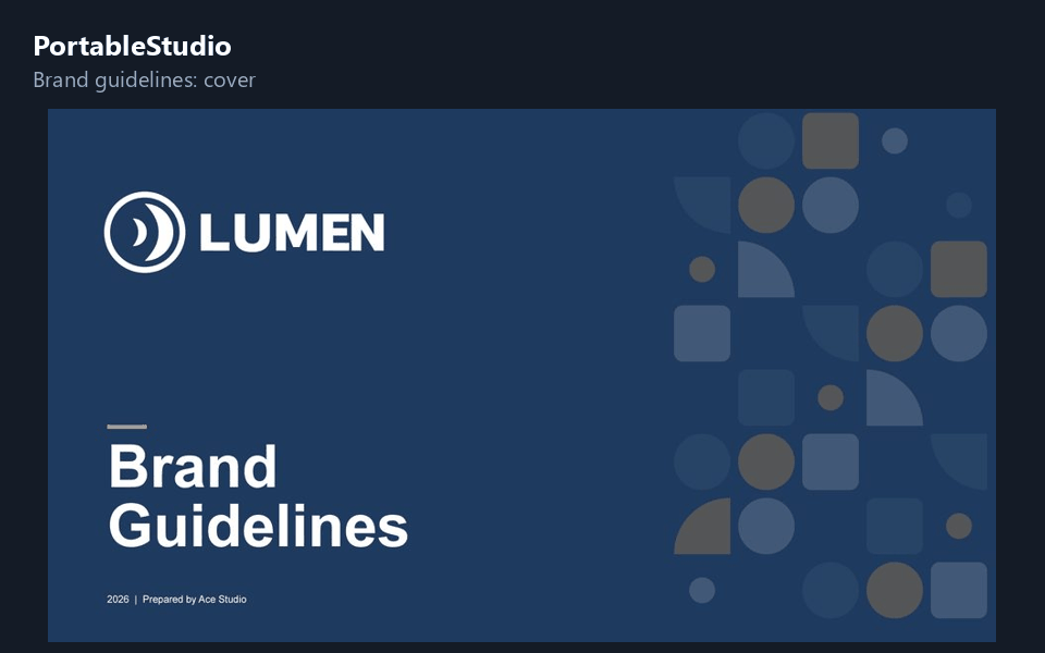 PortableStudio generating brand guidelines, colour palette, logo construction grid, logo presentation and Instagram carousel pages