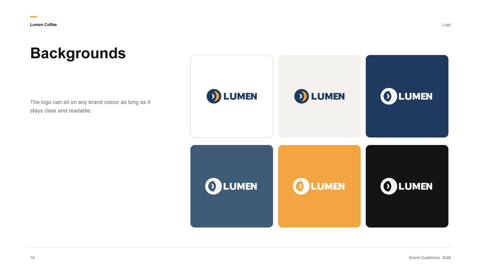 Logo on brand colour backgrounds page