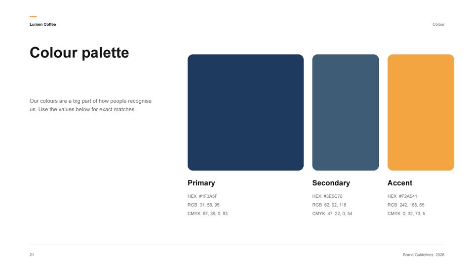Brand colour palette page with HEX, RGB and CMYK values