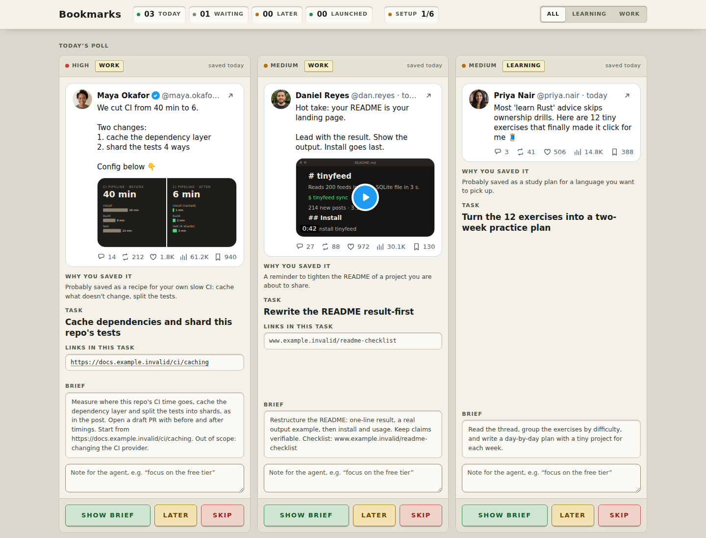 The card page with fictional demo posts: today's three picks, each with a Show brief (Go), Later and Skip button