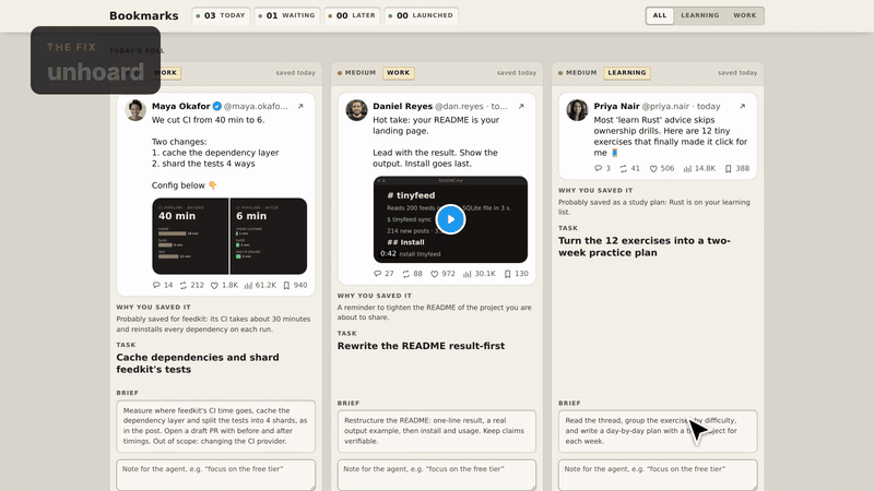 unhoard: the card page turns saved posts into tasks, and Go starts one