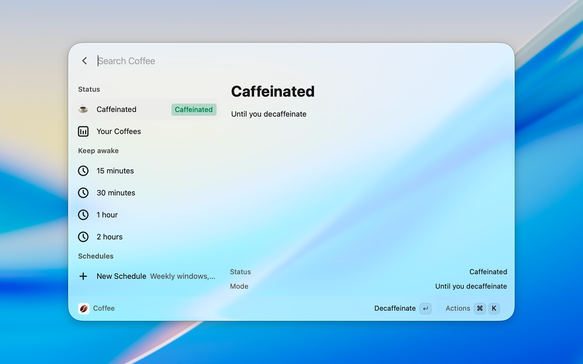 Caffeinated dashboard with keep-awake durations