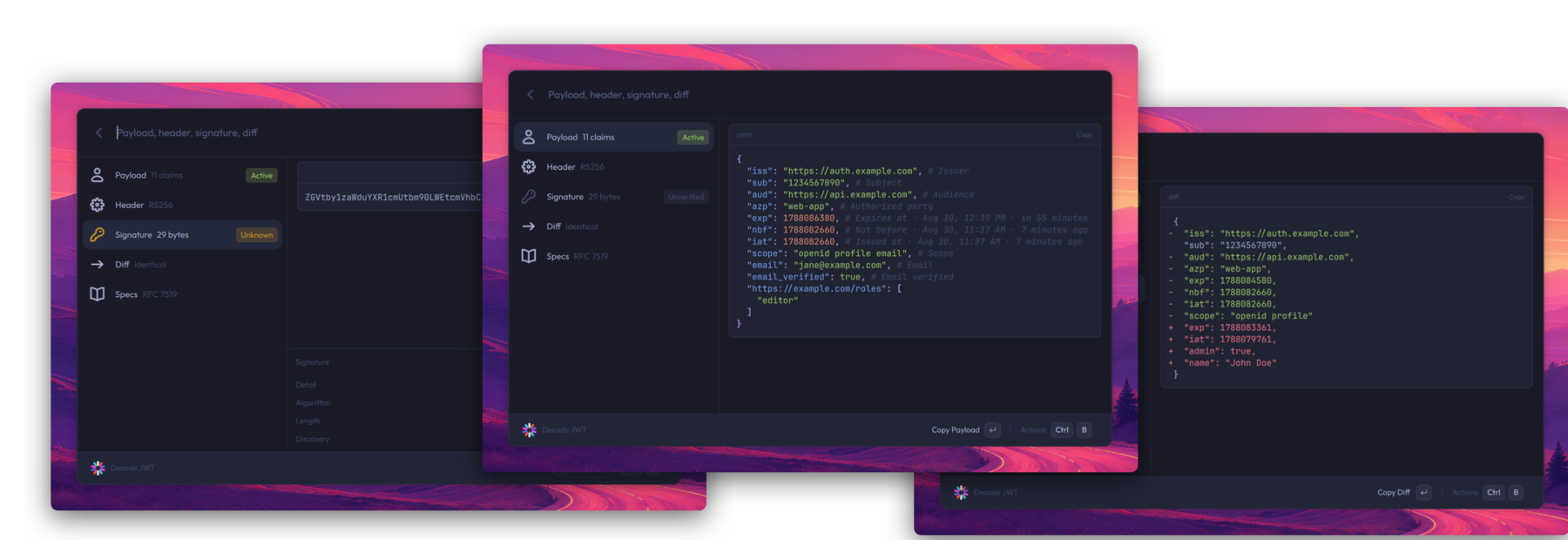 Decoded payload, signature verification and a diff between two tokens
