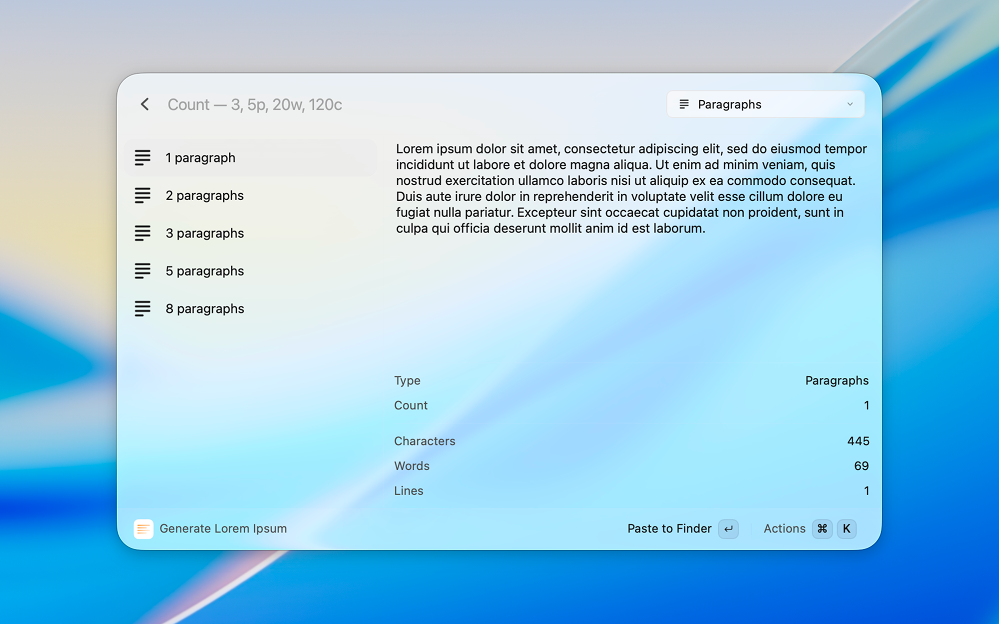Preview of generated paragraphs with type, count, and word stats