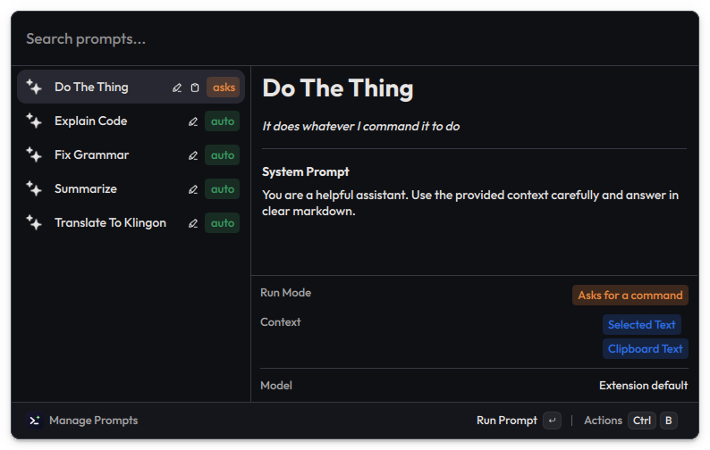 The Manage Prompts list, showing each prompt's context sources and run mode