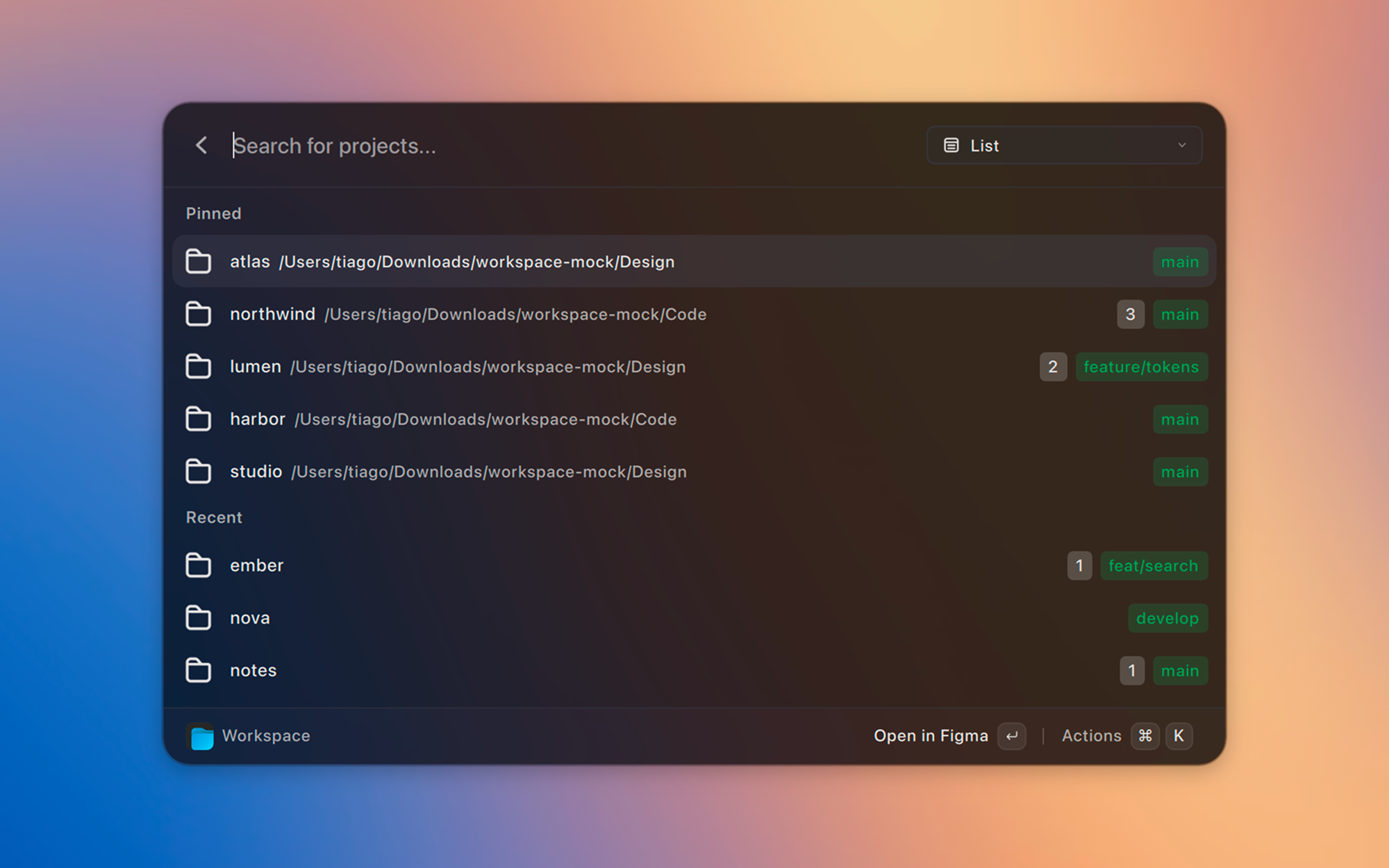 Pinned and recent projects with git status