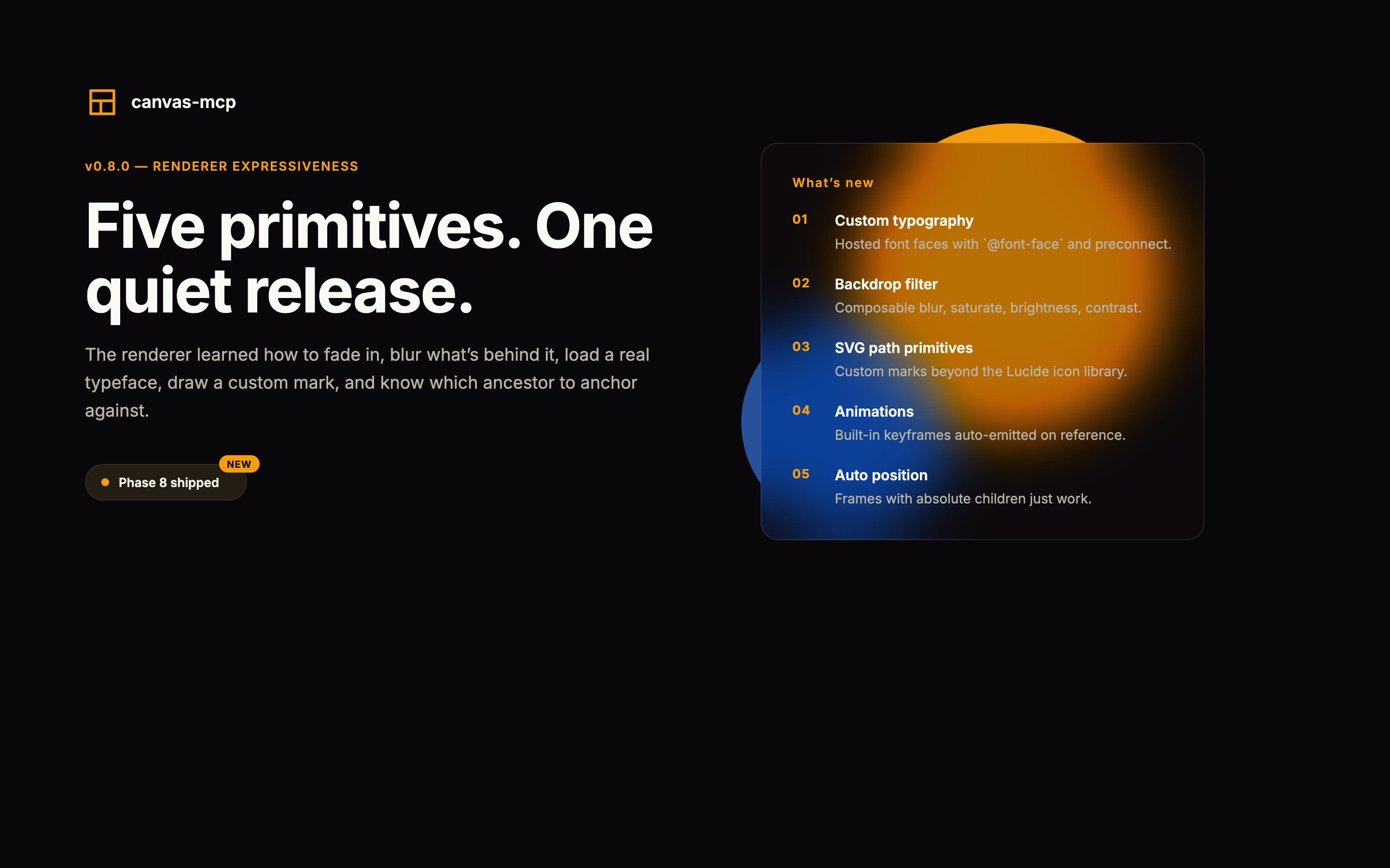 Phase 8 release page — five primitives, one quiet release
