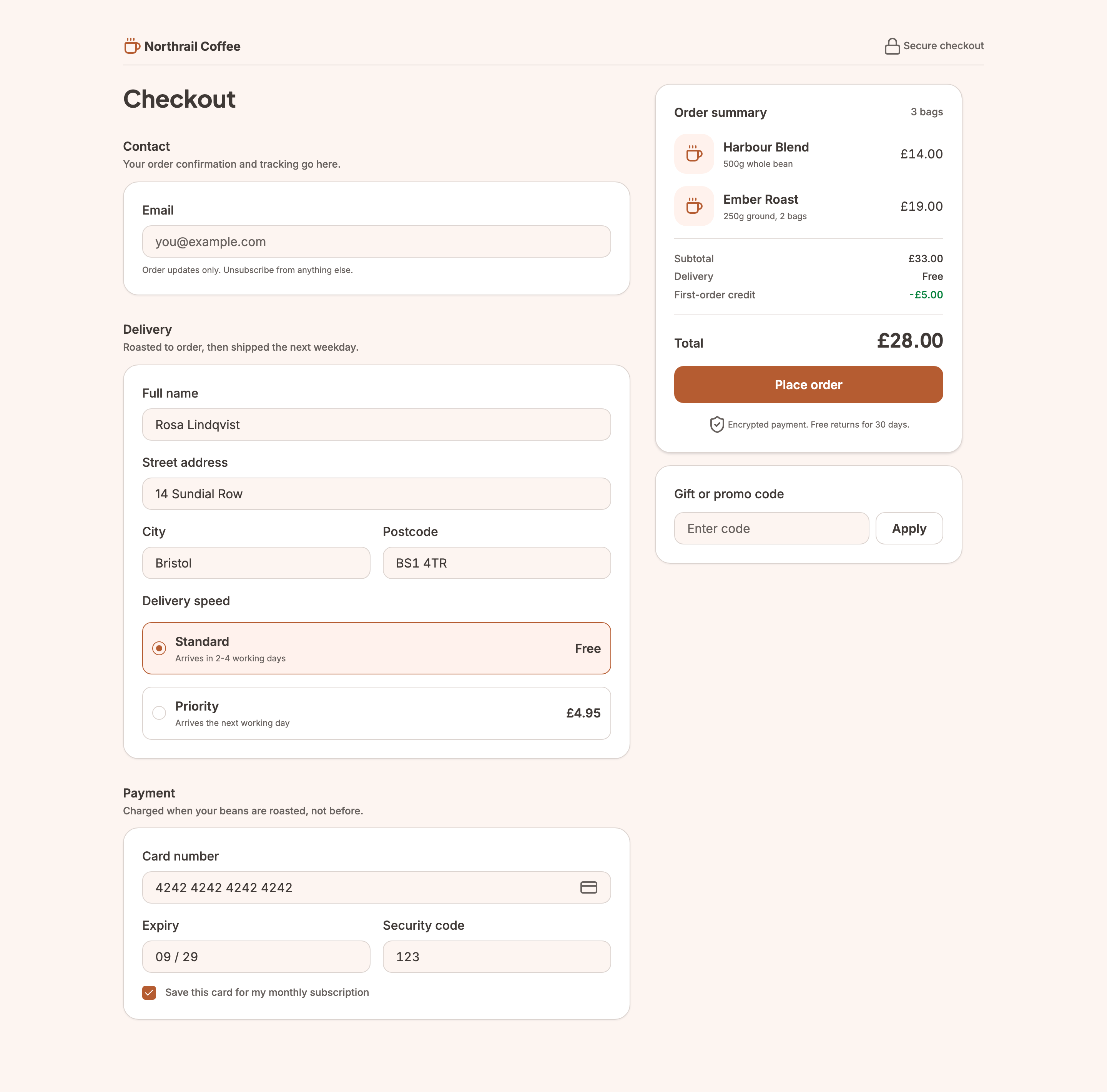 A specialty-coffee checkout built by an agent in framesmith, light theme: a masthead with the store mark and a secure-checkout note, a form column with Contact, Delivery and Payment sections — real radio, checkbox and input controls, a two-option delivery-speed selector — beside a sticky order summary listing two line items, subtotal, free delivery, a first-order credit, the total, and a Place order button, with a gift-code card beneath. Generated from one seed (#A24B1E) on the "soft" personality and stamped with the commerce genre.