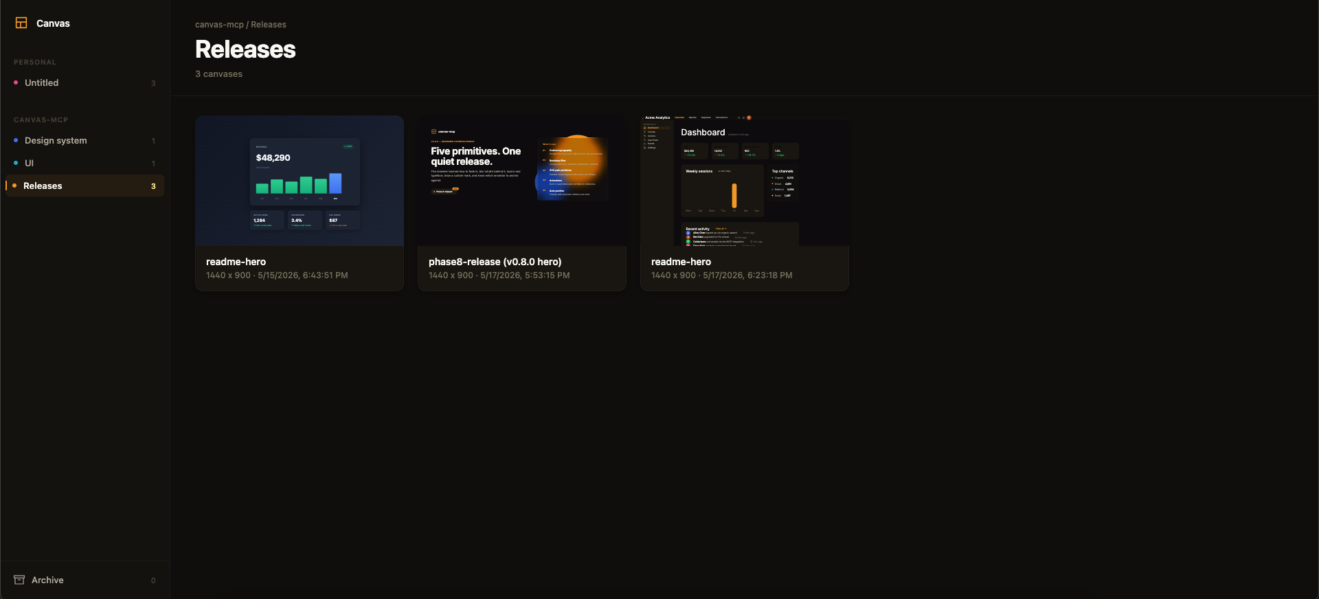 framesmith viewer — workspace sidebar on the left, gallery of canvas thumbnails on the right. Personal and framesmith workspaces; framesmith organised into Design system, UI, and Releases projects.