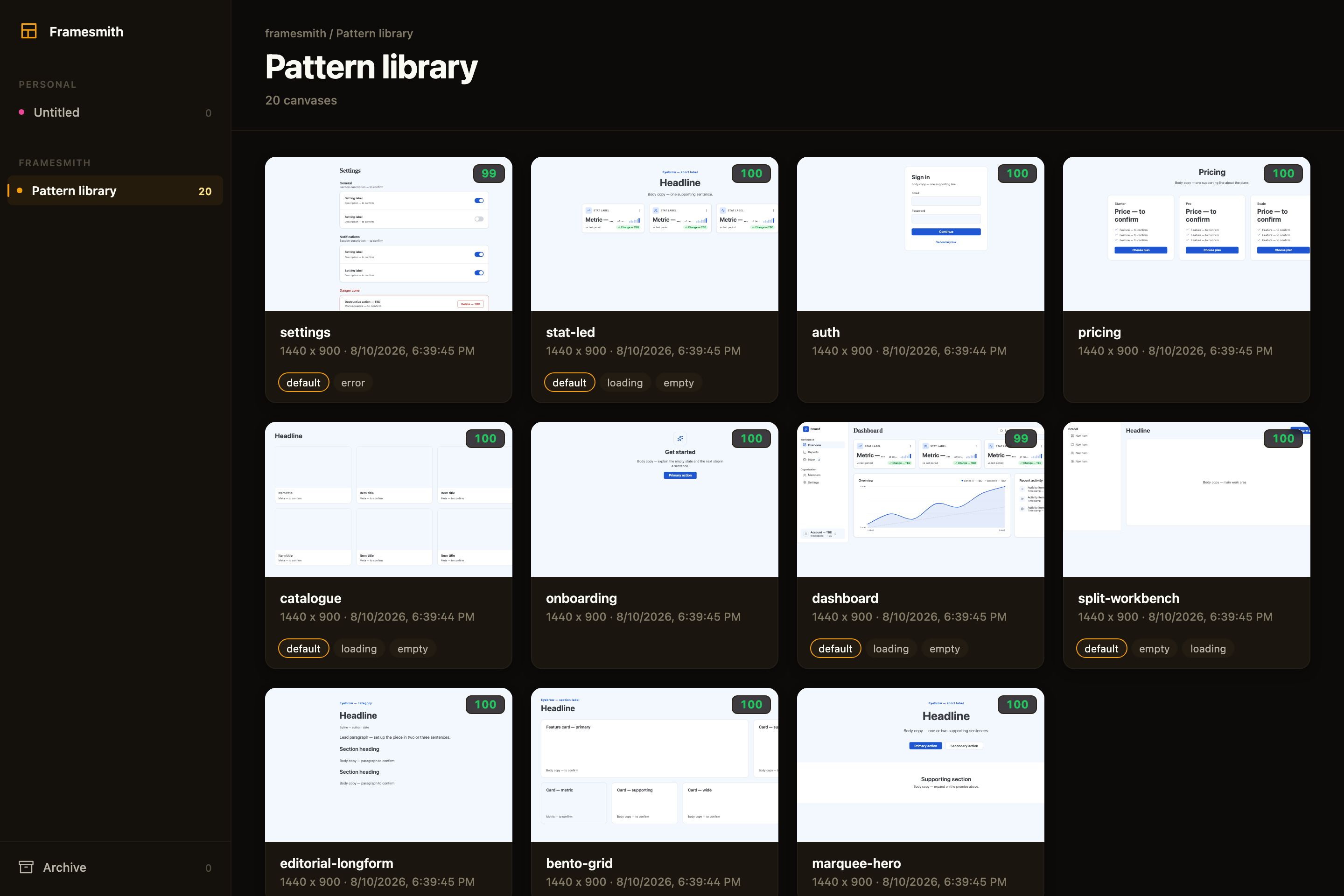 framesmith viewer — workspace sidebar on the left, and the Pattern library project on the right showing the 11 vetted page patterns (auth, bento-grid, catalogue, dashboard, editorial-longform, marquee-hero, onboarding, pricing, settings, split-workbench, stat-led) as live thumbnails on a generated design system, each with a green quality-score badge, and state chips (default / loading / empty / error) under every data-bearing pattern.
