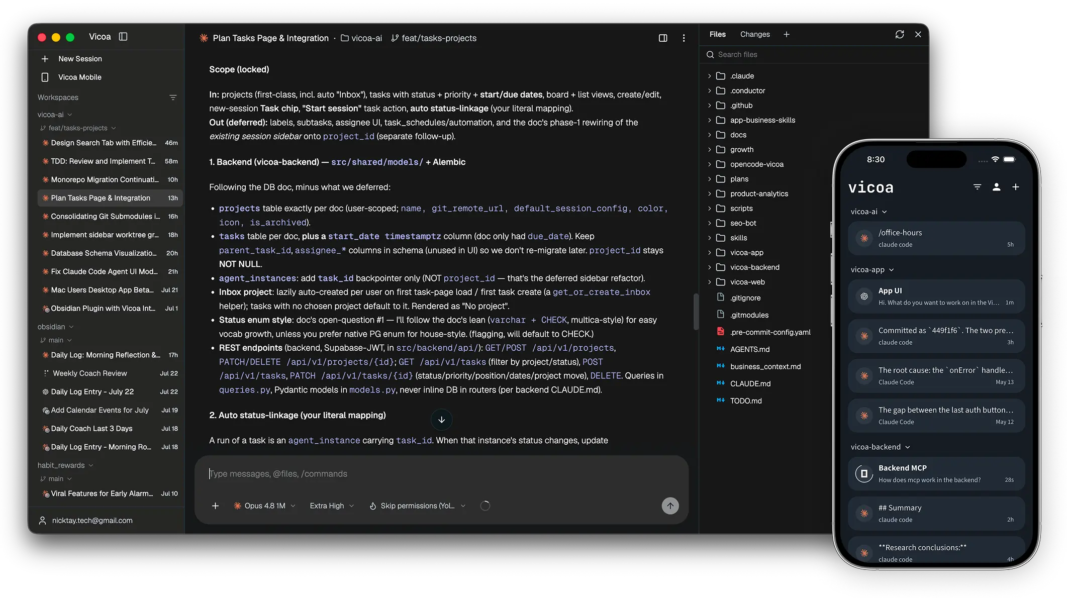 The Vicoa desktop app running several agent sessions, with the same sessions open on a phone