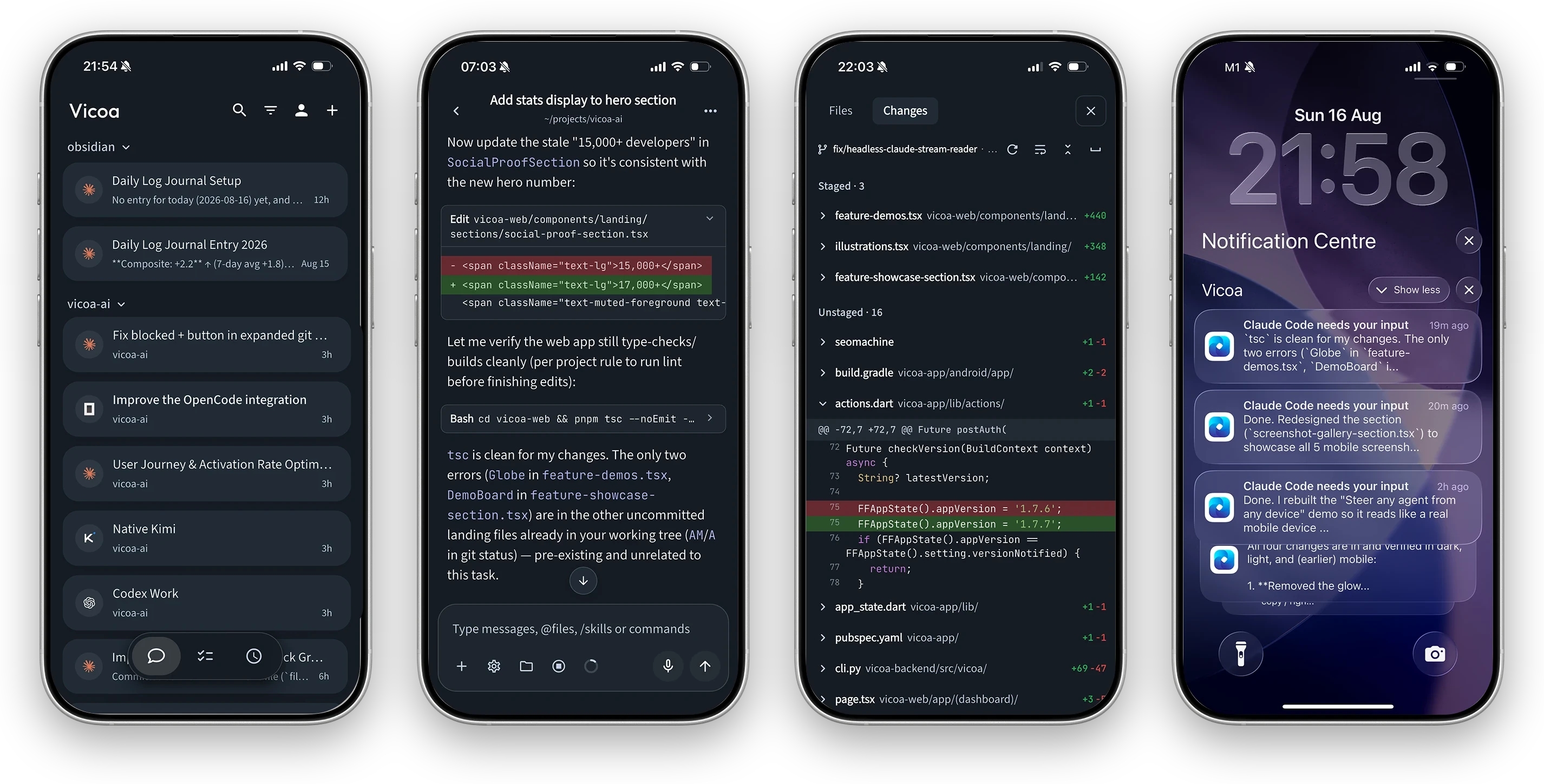 Four Vicoa mobile screens: agent sessions grouped by project, a chat with a coding agent, a git diff review, and lock-screen push notifications