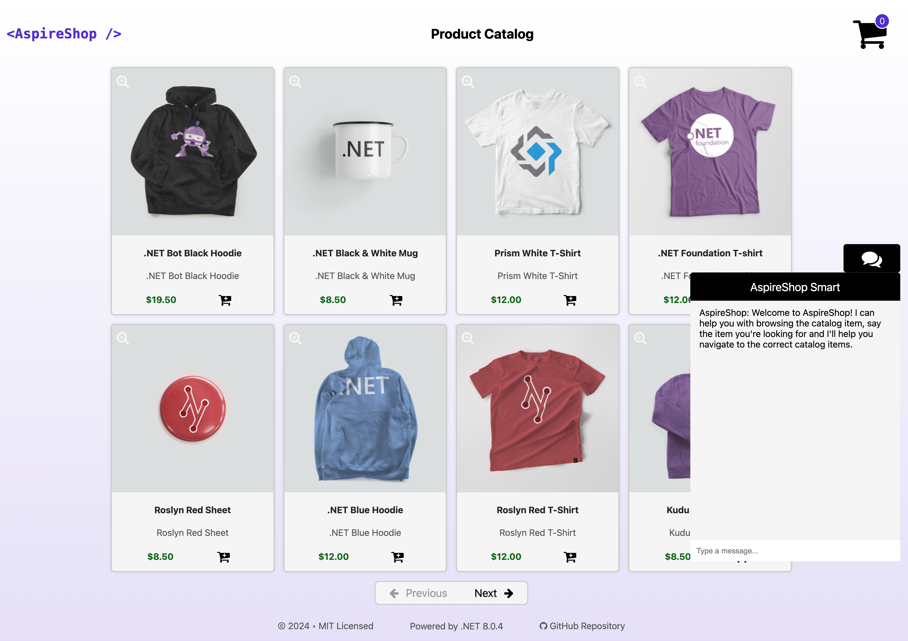 Screenshot of the web front end the .NET Aspire Shop sample