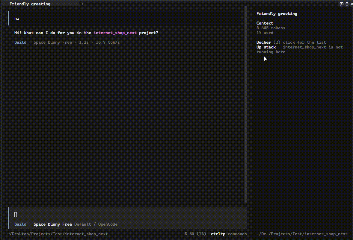 The Docker panel in the session sidebar, with an unstarted compose stack from the agent directory