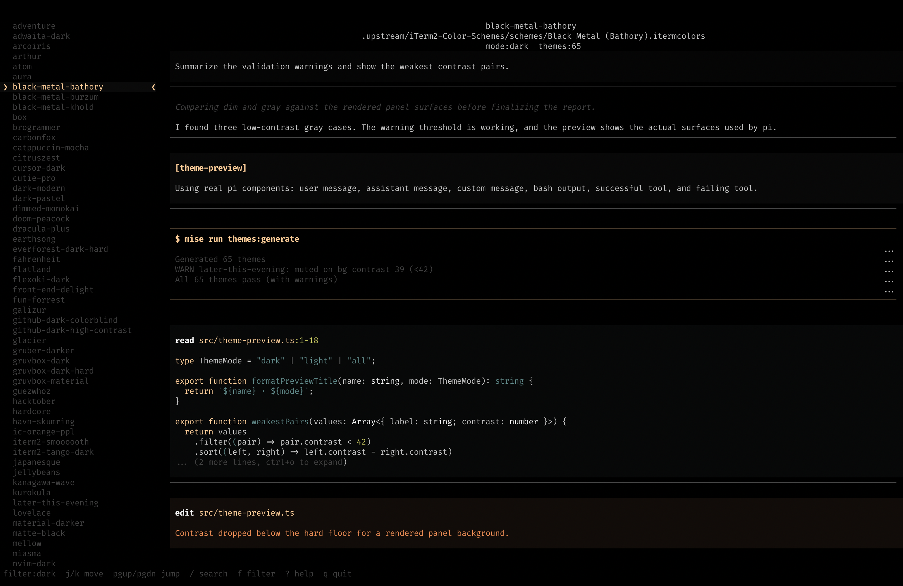 Theme previewer showing the interactive TUI with a list of 65 curated dark themes