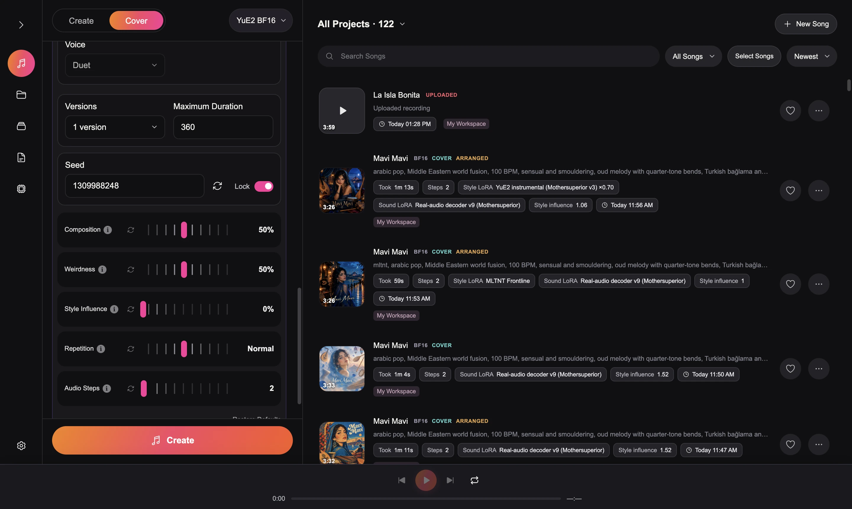 Cover mode: voice, seed and sliders next to the library