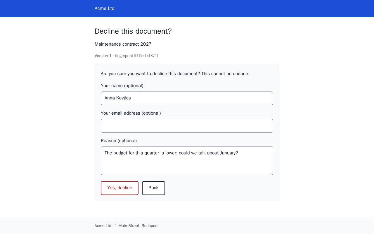 Declining asks for confirmation: optional name, e-mail and reason, Yes, decline and Back