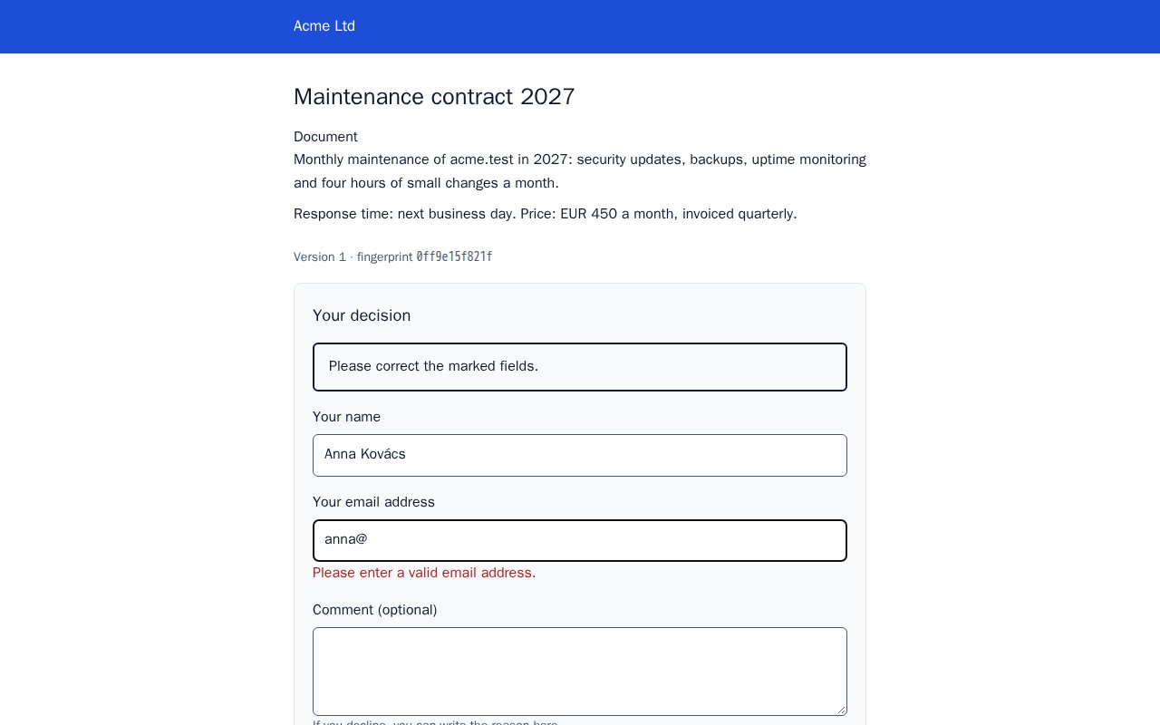 The accept form with an error on the e-mail address
