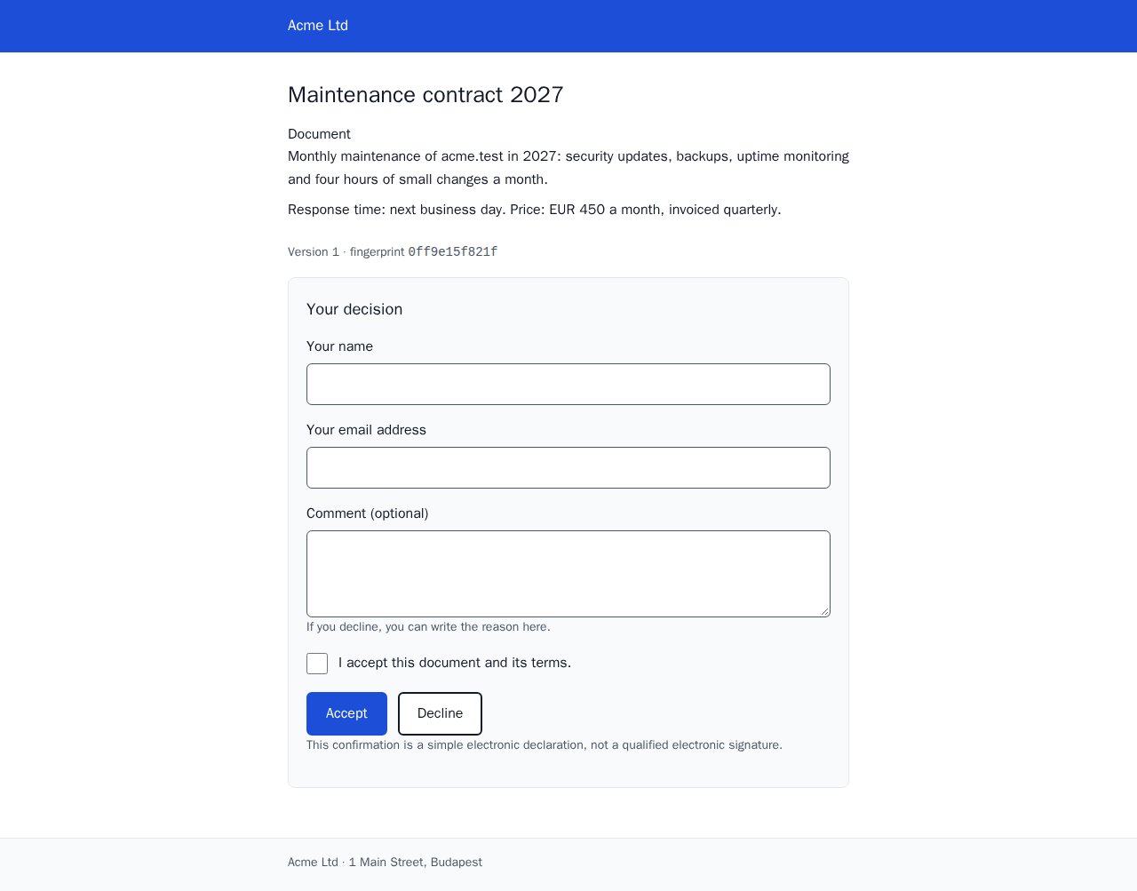 The decision page: the record's fields and one form with Accept and Decline buttons