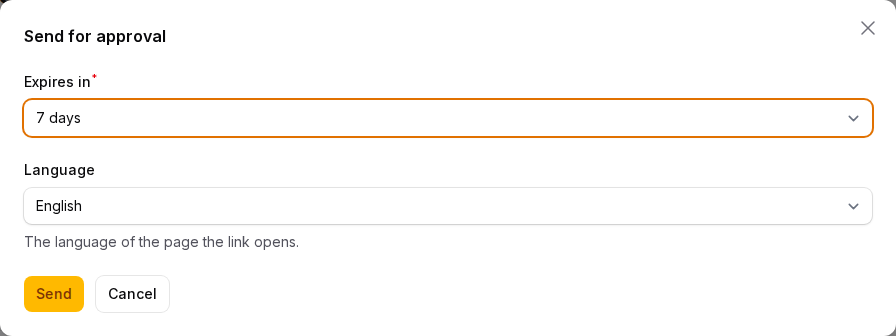The Send for approval form: expiry and language