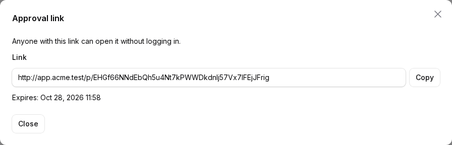 The approval link with a copy button and its expiry
