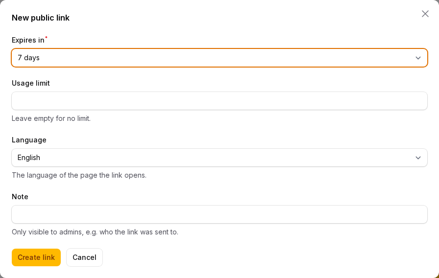 The new link form: expiry, usage limit, note