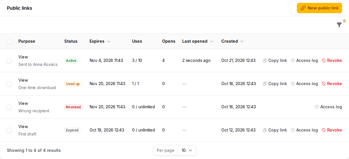 The public links of a record in Filament: status, expiry, uses, opens, with copy, access log and revoke actions
