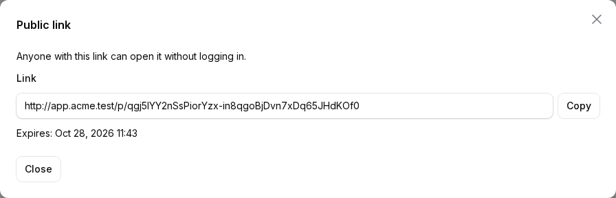 The new link's URL with a copy button and its expiry