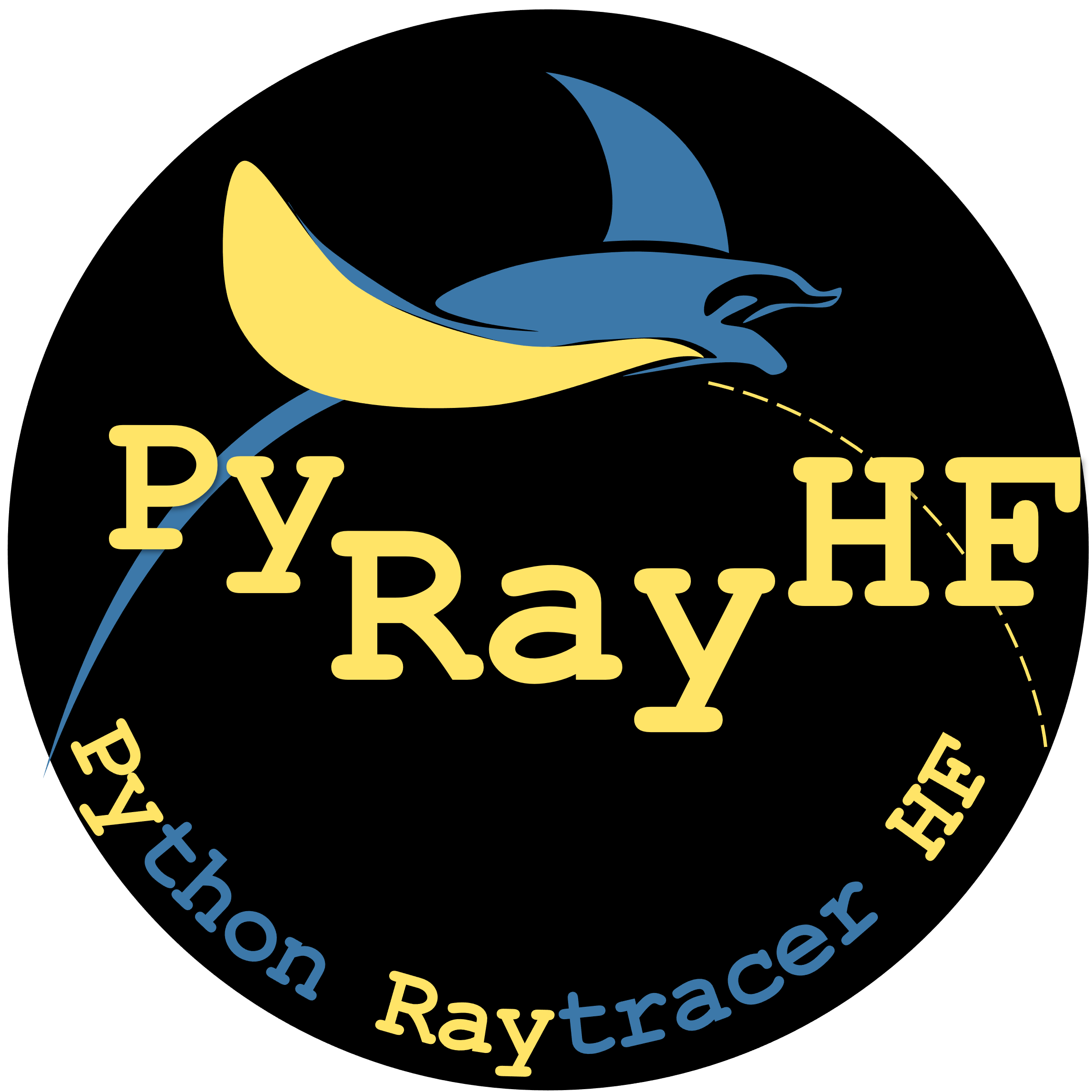 PyRayHF Logo Black circle with manta ray flying through the ionosphere