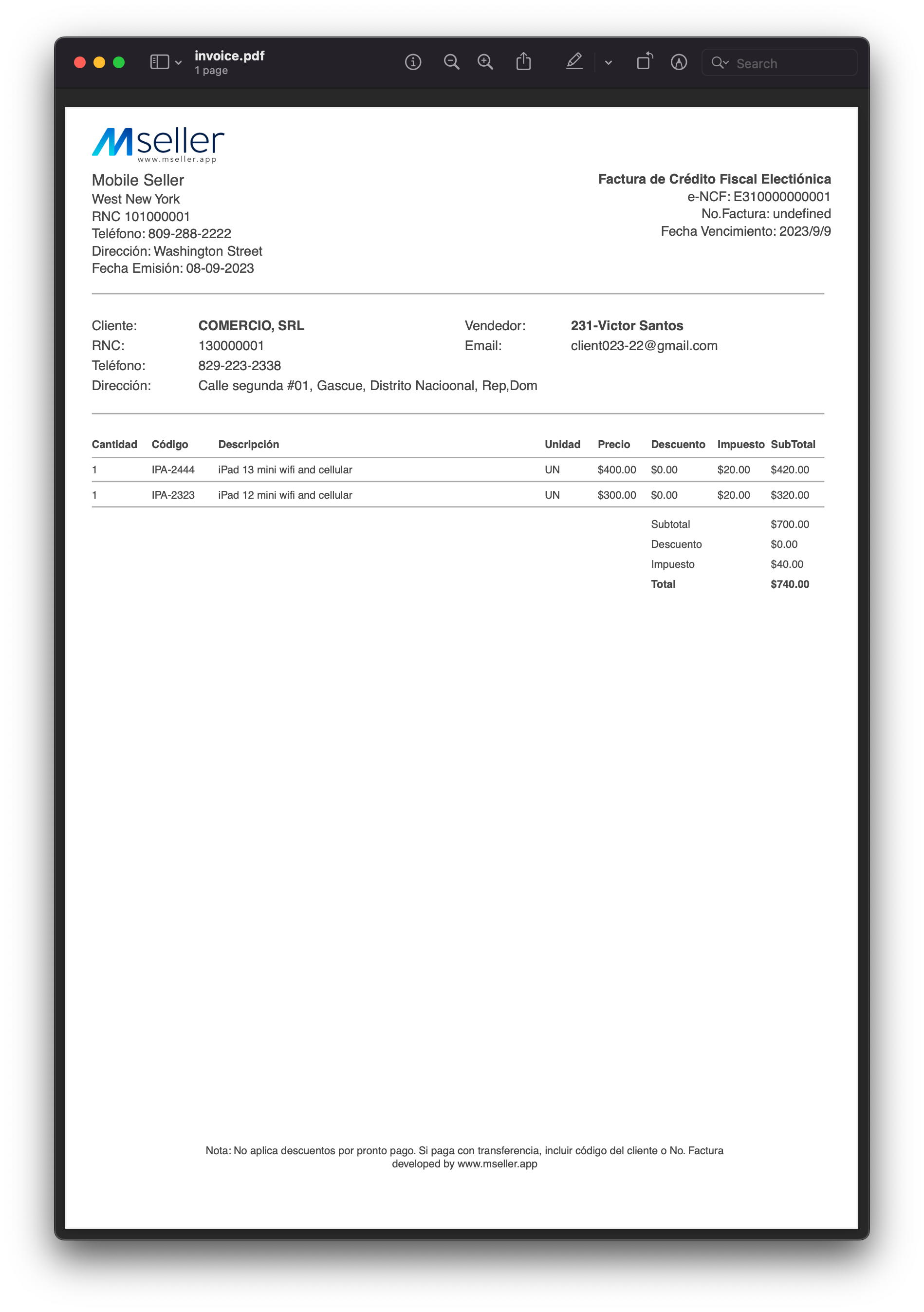 Screenshot of an invoice PDF in the PSPDFKit for Web reader.