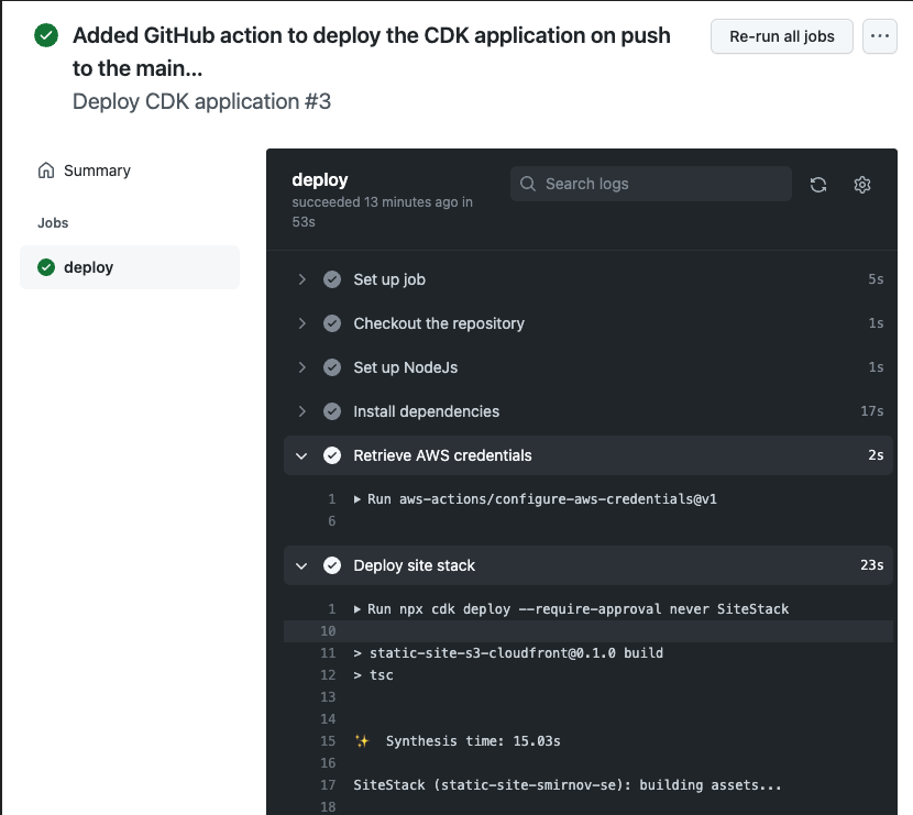 GitHub actions deploys the CDK application