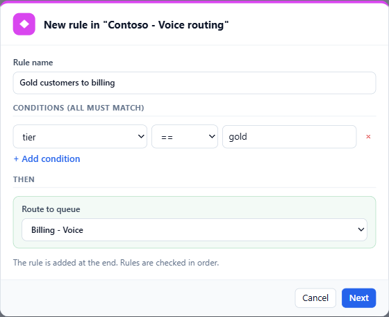 New rule dialog: condition tier equals gold, then route to the queue Billing - Voice