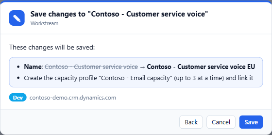 Review dialog listing the name change from old to new value and the capacity profile that will be created and linked