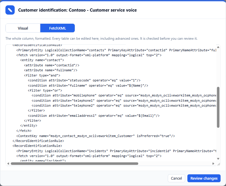 The FetchXML tab: the whole column formatted, one tag per line