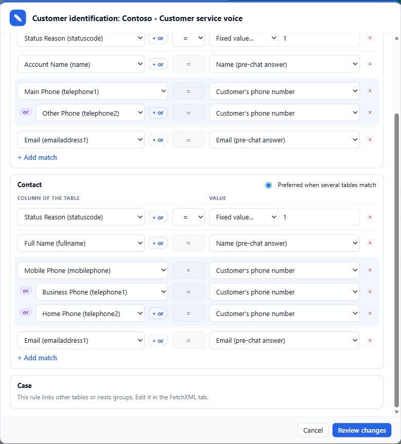 Customer identification: for the contact table, only active records, the name, the customer's phone number against Mobile Phone, Business Phone or Home Phone, and the email