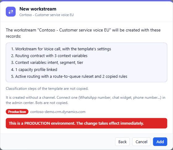 New workstream preview listing the records that will be created, with the Production warning