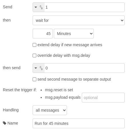 Trigger node: run for 45 minutes