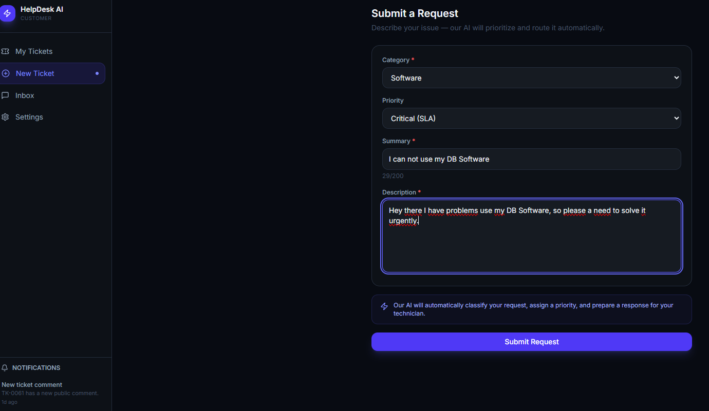 Desktop client form — Critical SLA