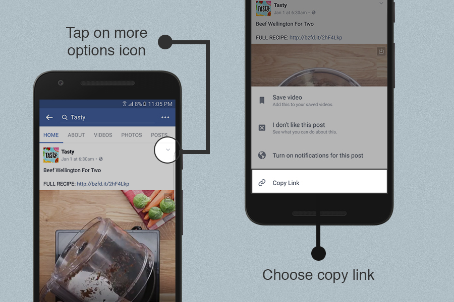 Tölts le Facebook videókat a Facebook alkalmazásból a Videoder link másolási funkciójával.